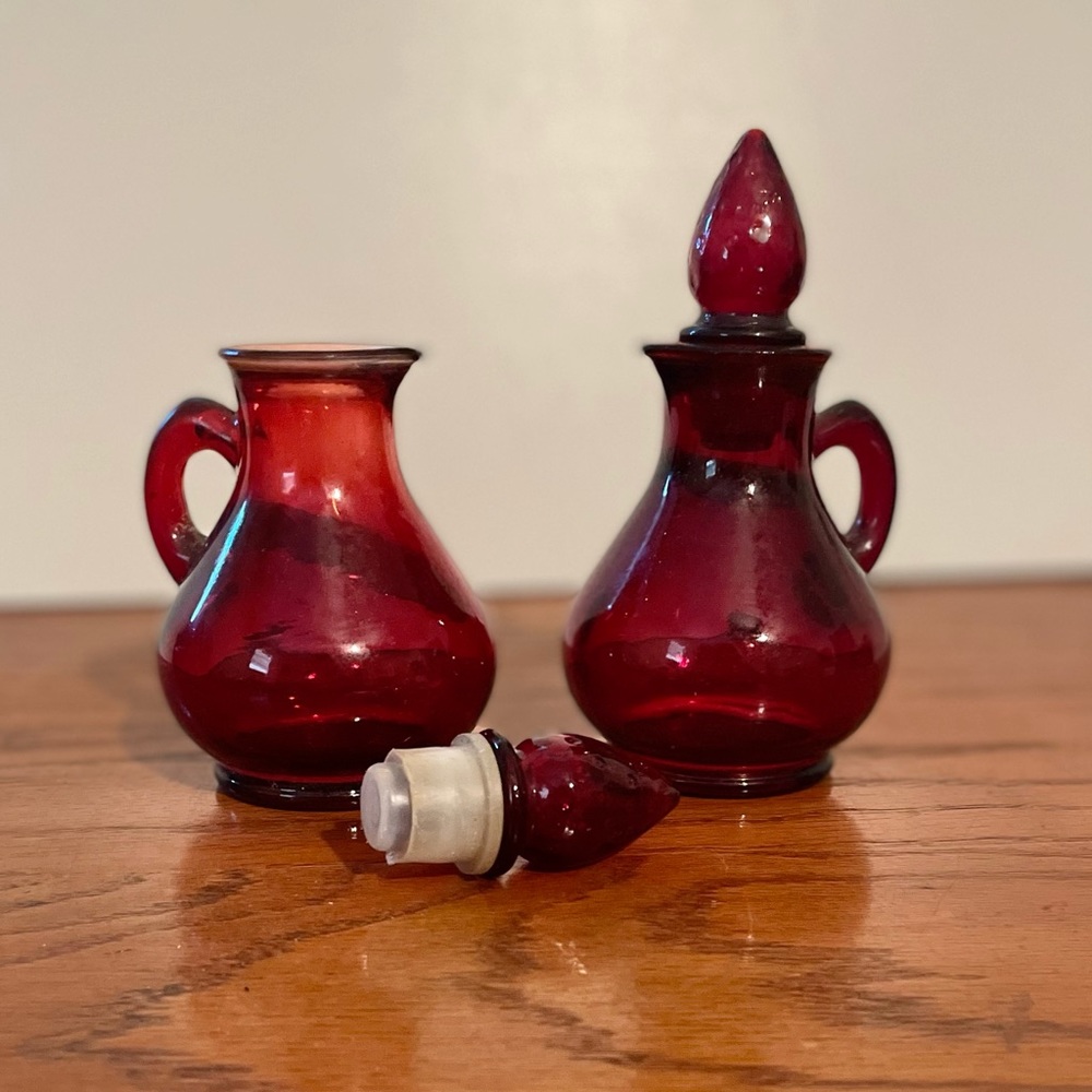 Vtg. Avon Small Ruby Red Cruet W/ Strawberry Stopper